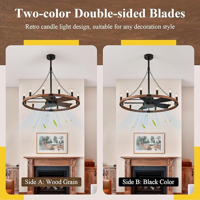 36in Wooden Wagon Wheel Chandelier Fans with Remote Control 12-Light Rustic Ceiling Fan Lights Farmhouse Bladeless Fandelier for Bedroom Dining Room Kitchen Living Room