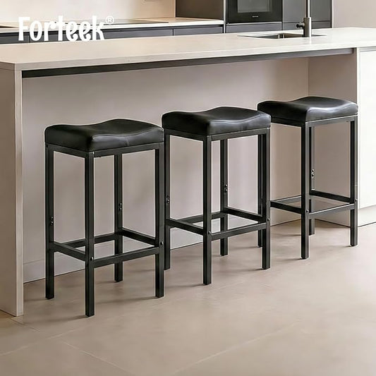 Counter Height Bar Stools, 25.5 Inch Bar Stools for Kitchen Counter, Faux Leather Bar Stool, Saddle Barstool with Footrest, Easy Assembly, Black (Matte Black, 25.5 Inch - 1pcs)