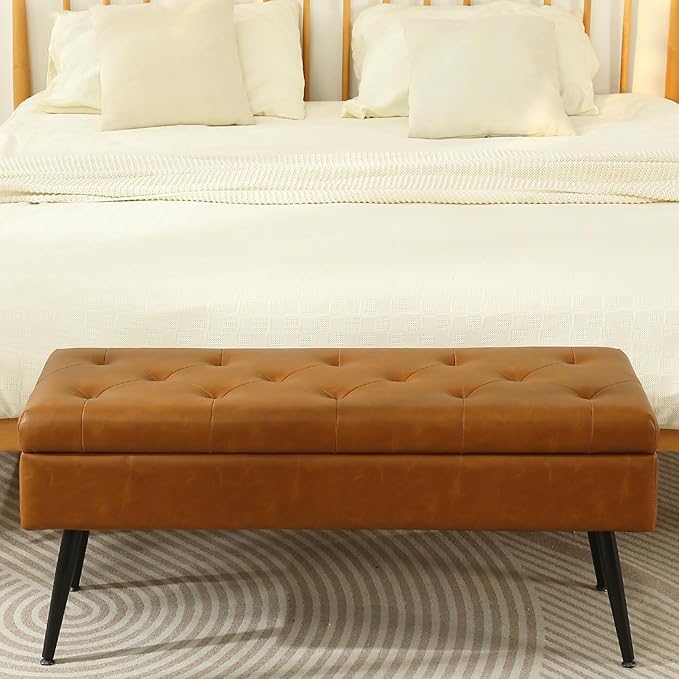 CUYOCA Storage Ottoman Bench, 40" Faux Leather Tufted Entryway Bench, Long Ottoman with Storage for Living Room, Support 660lbs - Cognac Brown