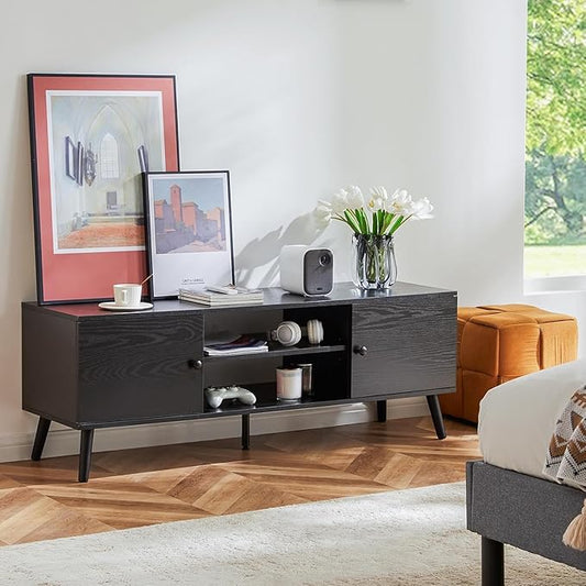 Sweetcrispy TV Stand for 55 60 inch TV, Modern Mid Century Entertainment Center with Storage Cabinet, Media Console Table for Living Room, Soft Hinge, Handle Door, Wooden Office Furniture, Tank