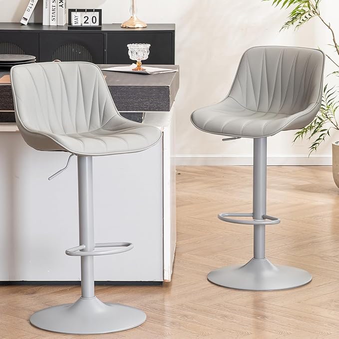 Kidol & Shellder Bar Stools Set of 2 Gray Adjustable Swivel Counter Height Barstools Upholstered Modern PU Leather Bar Chairs Stools for Kitchen Island