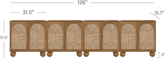 Nathan James Leah Boho TV Stand or Sideboard Cabinet for Kitchen or Living Room with Ball-Style Feet, Natural Seagrass Door Fronts and Solid Wood Legs, Light Brown, Set of 4