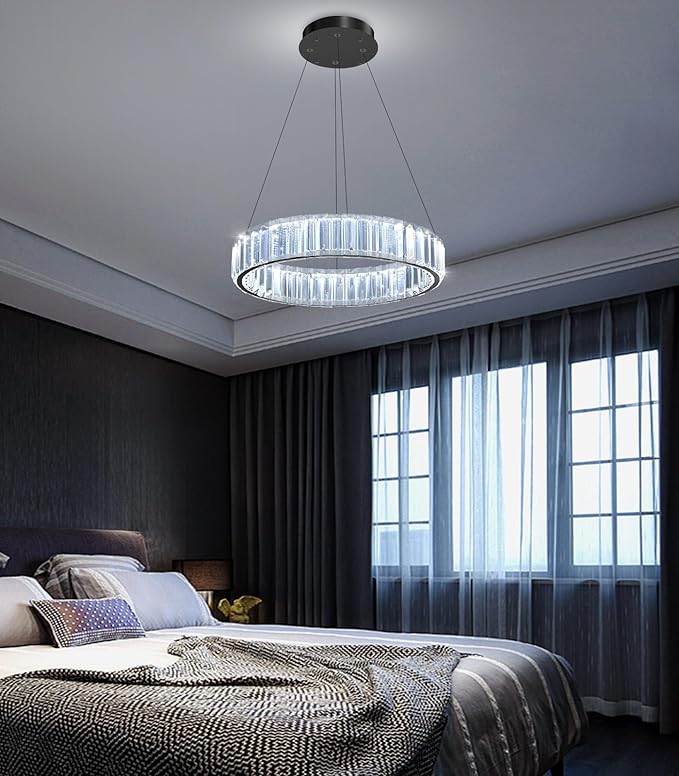 8'' Modern Ring Chandelier Crystal Chandeliers for Dining Room Round LED Dimmable Ceiling Light Fixture for Living Room Bedroom Lighting Black