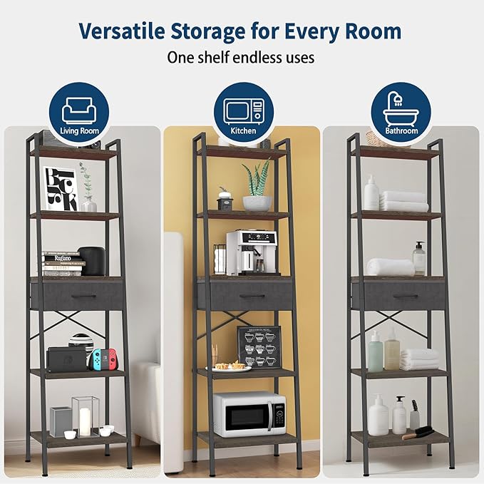 Whitmor 5-Tier Ladder Bookshelf with Drawer, Tall Narrow Bookcase with Wood Shelves & Metal Frame, Modern Display Storage Shelf for Living Room, Bedroom, Bathroom, Kitchen, Black
