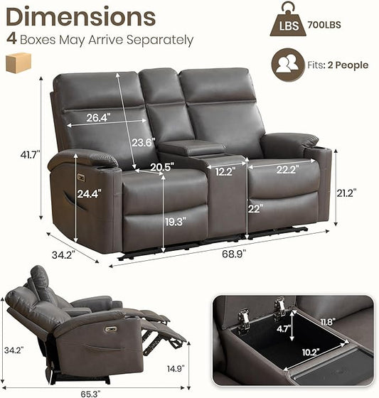 Power Recliner Loveseat, Electric Reclining Sofa with Wireless Charger, Wall Hugger Loveseat Recliner with Extended Footrest, 2-Seater Couch for Living Room, RV & Office (Grey)