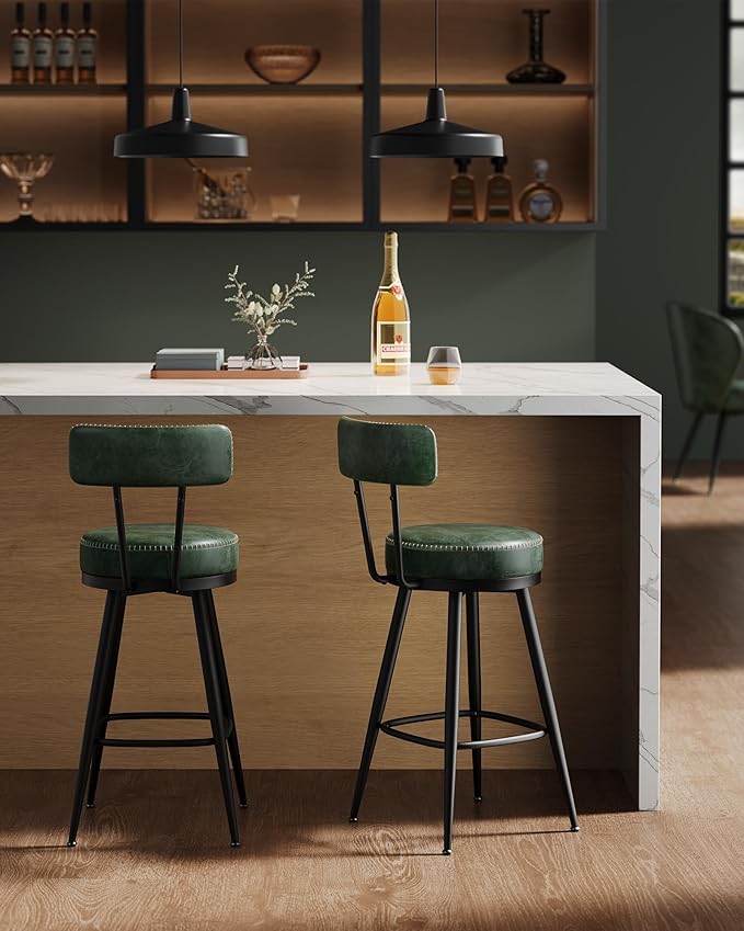 VASAGLE EKHO Collection - Bar Stools Set of 2, Swivel Counter Height Bar Stools with Back, Synthetic Leather with Stitching, Mid-Century Modern, 25.6-Inch Tall Barstools for Kitchen Bar, Forest Green