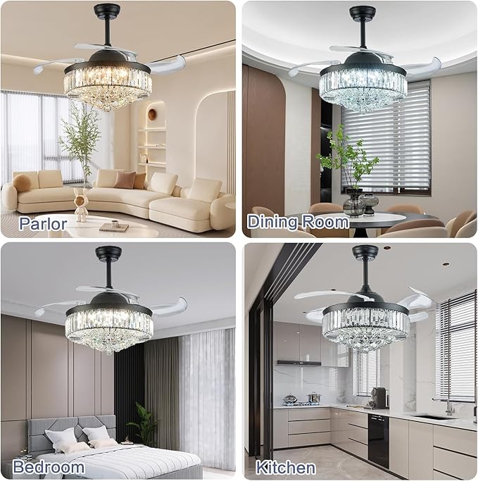 DuMaiWay 48" Dimmable Crystal Ceiling Fan Chandelier with Remote 6 Speeds, 4 Blades Retractable Fans for Bedroom Living Room Dining Room-Black