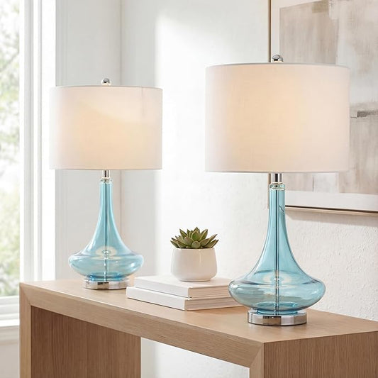 JONATHAN Y 25.5" Aqua/Chrome Glass Teardrop Table Lamp Set of 2 for Bedroom, Modern Bedside Lamps for Living Room, White Linen Drum Shade, LED Bulbs Included (JYL1081B-SET2)