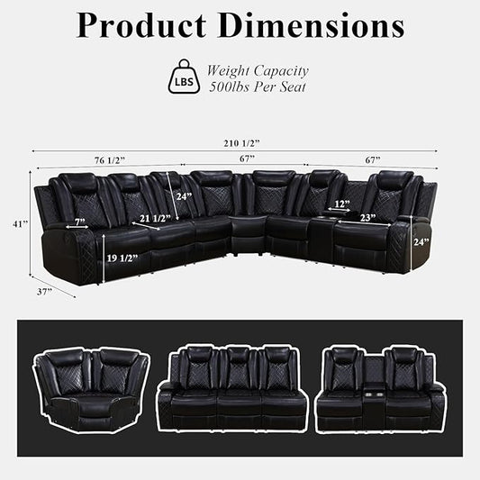 Power Reclining Sectional Couch for Living Room, Black Leather Sectional Sofa Set with Recliner, LED Lights, Storage Console, Cup Holders, USB Charging, Home Theater Seating for Family Room