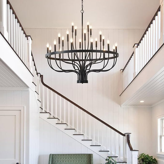 HHR 40-Inch Farmhouse Foyer Chandelier Entryway High Ceiling 24-Light, Candle Chandelier Light Fixtures Modern Black Chandeliers for Dining Room Bedroom Hallway Kitchen Living Room
