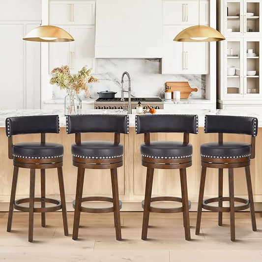 COLAMY Swivel Bar Stools Set of 4, 30 Inch Swivel Counter Height Stools, Modern Upholstered Wooden Barstools with Back for Kitchen Island Dining Room Bar, Dark Brown