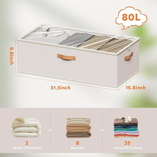 10inch 3 Pack Under Bed Storage Containers, 10 Inch Tall Underbed Clothes Storage Organizer Bin with Clear Window,Foldable Box Basket for Clothes, Closet, Bed Sheets and Blankets White