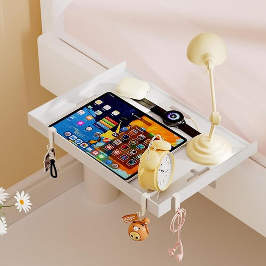 Foldable Bedside Shelf, Metal Clip-On Bed Tray Table for Bunk Bed & Dorm Beds, Dorm Room Essentials Organizer for College Students, Floating Tray, Space Saving Nightstand for Loft Beds (White, Large)