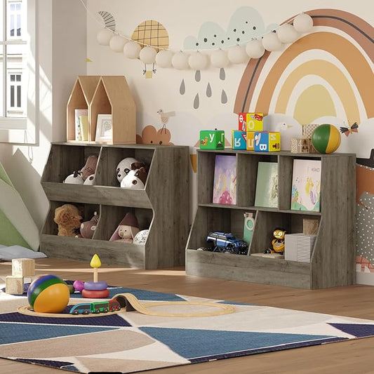 DINZI LVJ Toy Storage Organizer, Kids Bookshelf, Wood Toy Storage Cabinet, 5 Cubby Children Bookcase, 39.4" L Toddler Book Shelf for Playroom, Living Room, Nursery, Hallway, School, Gray Wash