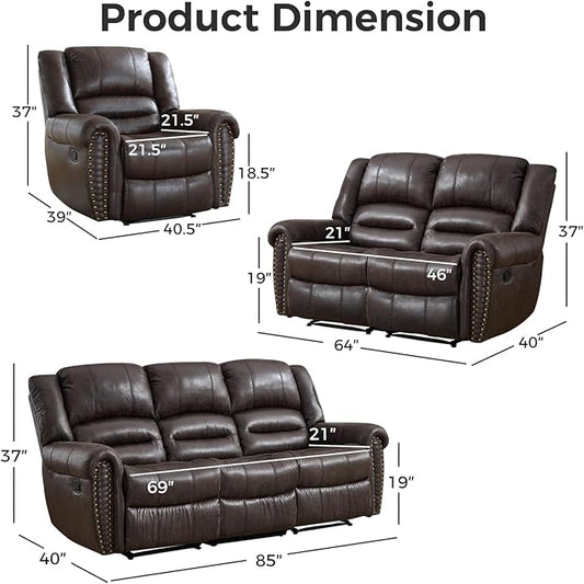 EBELLO Recliner Sofa Furniture Set for Living Room, Faux Leather Recliner Chair, Manual Loveseat, 3 Seat Recliniing Sofa Couch Set Vintage Rivet Mid-Century Design for Living Room, Dark Brown