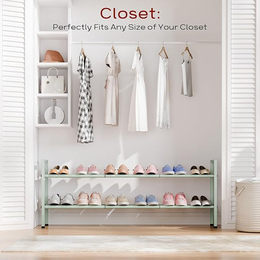 Bumusty 2-Tier Long Expandable Shoe Rack for Closet, 18"-44" Adjustable Shoe Rack for Entryway, 10-12 Pairs Large Shoe Organizer Shelf Storage, Sturdy Metal, Green