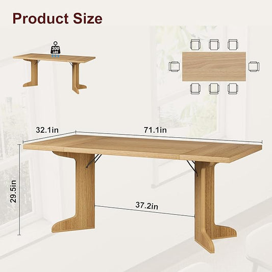 Garvee 71" Large Dining Table for 6 to 8 People, Modern Dinner Table with Unique Wooden Legs, Rectangle Dining Table for Kitchen, Dining Room & Living Room, Oak