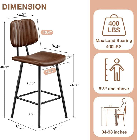 24-Inch Leather Bar Stools, Counter Height Barstools with High Backrest,Bar Chairs for Kitchen Island with Heavy Duty Metal Legs, Dark Brown