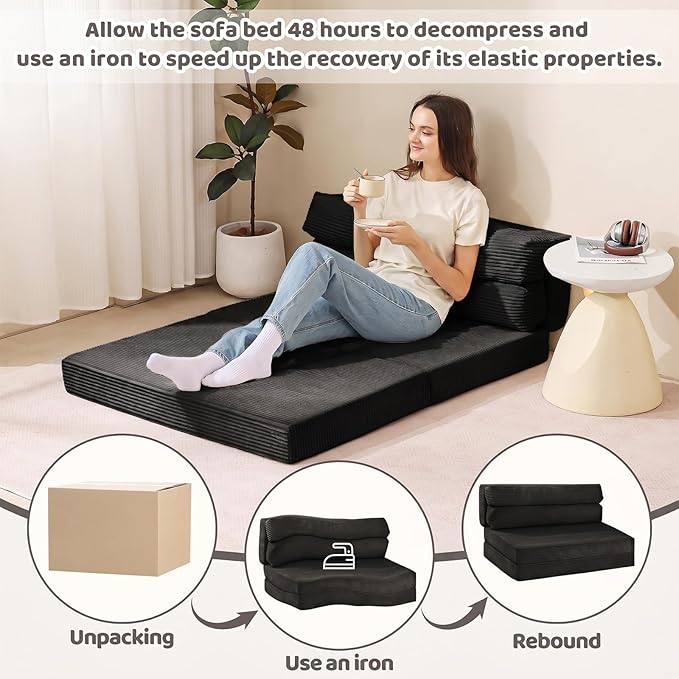 JUIKURY Folding Sofa Bed, Convertible Sleeper Chair with Pilow Foldable Matress, 2 in 1 Pull Out Loveseat Sofa Portable Fold Out Chair Bed Floor Couch Lounge for Living Room (Black, Full)