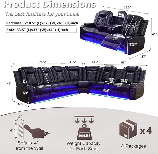 Power Recliner Sectional Sofa Couches with LED Lights for Living Room, Black Leather Wall Hugger Reclining Corner Couch Sets with 4 Home Theater Seat, USB Port, Cup Holder, Storage Console