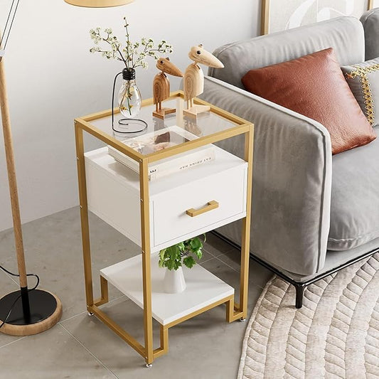 GAOMON Nightstand Set of 2, End Table with Storage Drawer and 3-Tier Storage & Tempered Glass Top, Bedside Furniture with Steel Frame, Side Table for Bedroom, Dorm, Easy Assembly, White and Gold