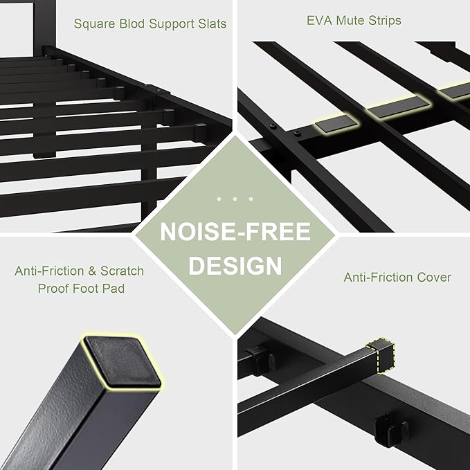 Feonase Queen Metal Bed Frame with Fabric Button Tufted Headboard, Platform Bed with Heavy Duty Metal Slats, 12 Inch Storage Space, Noise Free, No Box Spring Needed, Dark Grey