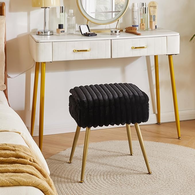 Vanity Stool with Storage, Faux Fur Vanity Chair, Footrest Ottoman, Multifunctional Makeup Vanity Chair for Bedroom Black YD-MS151B