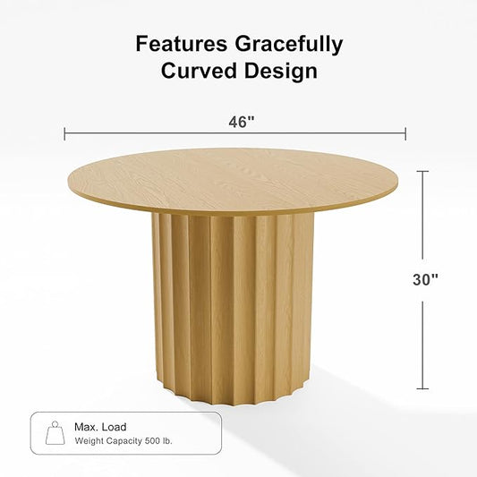 Casaphoria 46" Round Dining Table, Modern Wood Kitchen Table with Cylindrical Wide Bar Concave Base for Living Room & Dining Room, Easy Assembly Farmhouse Furniture for 4-6, Oak