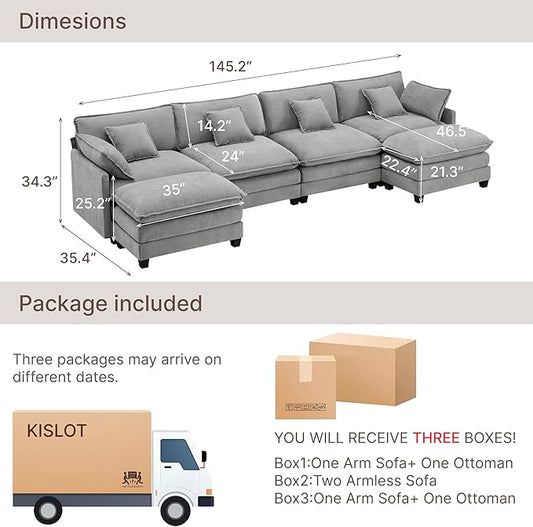 KISLOT 157" Oversized Modular Sectional Sofa,U-Shaped Cloud Couch with Movable Ottoman,Thick Cushions,6 Deep Seats with 6 Throw Pillows Sofa Couch Set for Living Room, Bedroom | Wood Frame