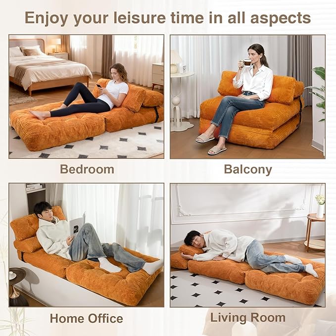 Folding Sofa Bed, Folding Chair Bed with Pillow, Convertible Lazy Sofa Bed with High-Density Support Foam, Fold Out Chair for Small Spaces Living Room Bedroom, Orange