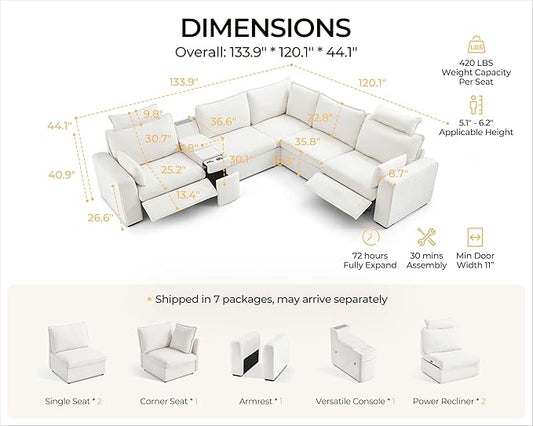Oversized Modular Sectional Sofa with Double Power Recliner, Cloud Reclining Couch with Headrest, Storage Drawer Charging Cup Holders, Deep L-Shaped 6 Seater with Corner, Chenille, White