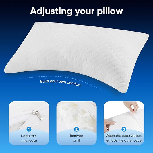 TWK Original Adjustable Bed Pillow for Sleeping, Good for Side, Back & Stomach Sleeper with Washable Removable Cover, Additional Foam Fill Included((White, Queen Size (1 Pack)))