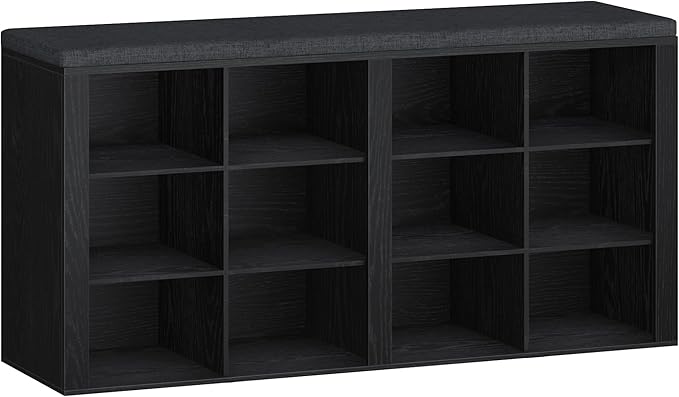 Shoe Bench with Cushion, Entryway Storage Bench with 12 Cubbies, Cubby Shoe Rack with Adjustable Shelves, Shoe Organizer Cabinet for Living Room, Bedroom, Entryway, Black SB19004GY