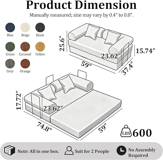 59'' Convertible Compressed Corduroy Folding Sofa Bed, Modern Boneless Pull Out Loveseat Sleeper in a Box, 4 in 1 Floor Mattress Futon Cloud Couch, No Assembly Needed, Navy Blue, 2 Pillows, Queen