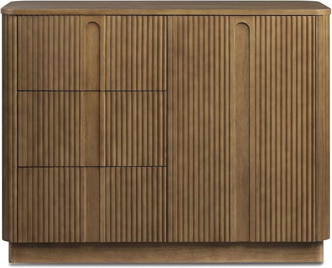 Teamson Home Potomac 42'' W Scandinavian Style Sideboard with 3 Drawer 1 Door and Adjustable Shelf, Solid Wood Frame, Push to Open and Acacia Veneer Living Room Storage Furniture in Greige