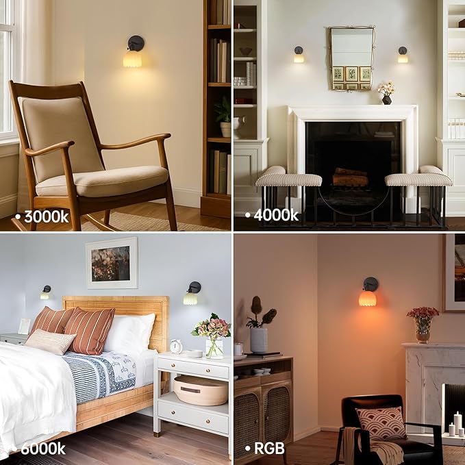 Vintage Wall Sconce Set of 2 - Rechargeable Battery Powered with Remote Control, Pastel Yellow Tulip Glass Lampshade (5000mAh) for Bedroom/Doorway