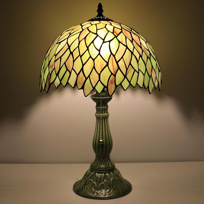 Tiffany Lamp Stained Glass Table Lamps Brownish Green Leafage Style Desk Lamp 12X12X18.5 Inch Bronze Ceramic Base Reading Light Suitable for Bedside Bedroom Living Room Dining Room Office