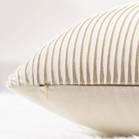 YCOLL Beige Pillow Covers 26x26 Set of 2 Velvet Striped Pattern - Soft Throw Pillows for Home Decor, Luxury Decorative Pillow Covers for Couch, Bed,Living Room