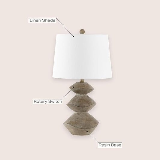 JONATHAN Y 24.5" Brown Wood Finish Coastal 3-Stack Cairn LED Table Lamp for Living Room, White Linen Shade, Rustic Mid-Century Modern Bedside Lamp for Bedroom Office JYL4061A