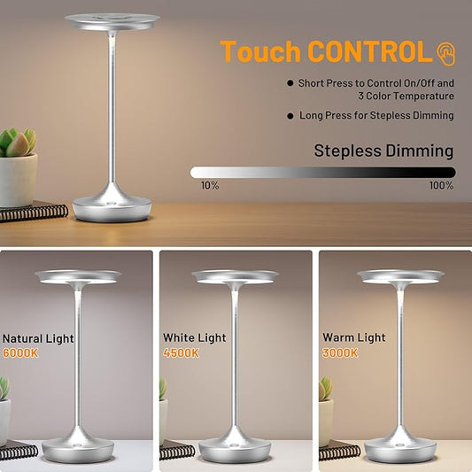 YHT Cordless Table Lamps Rechargeable, 6000mAh Battery Operated Portable LED Waterproof Lamp, 3 Color Stepless Dimming Light with Memory Function for Outdoor Dinning Patio Restaurant (Sliver 1Pack)