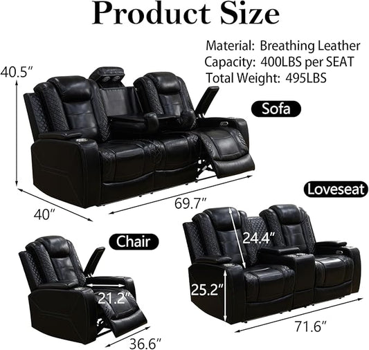 Power Reclining Sofa Set for Living Room, Leather Recliner Couch Set with Drop-Down Table, Power Pads, Cup Holders, Storage Console for House/Home Teather(Sofa, Loveseat and Chiar, Black)