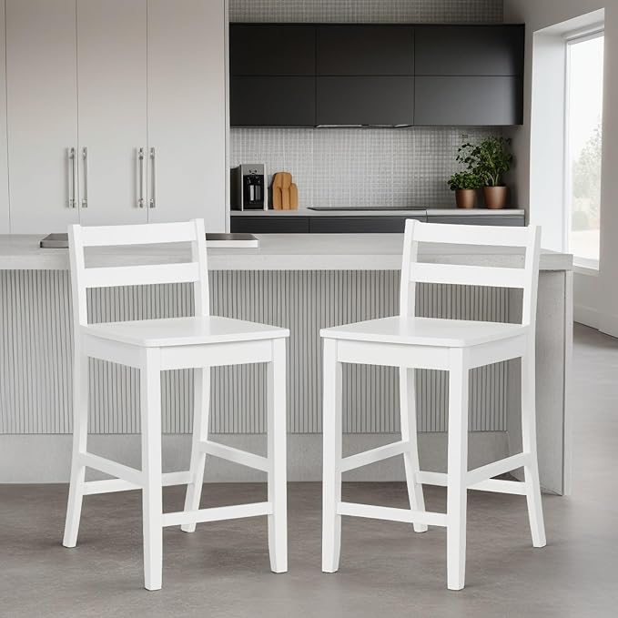 ERGOMASTER Set of 2 Kitchen Island Bar Stools 24 Inch Height with Footrest - 400 lbs Capacity Rubber Wood Counter Stools for Breakfast Nook, Home Pub (White)