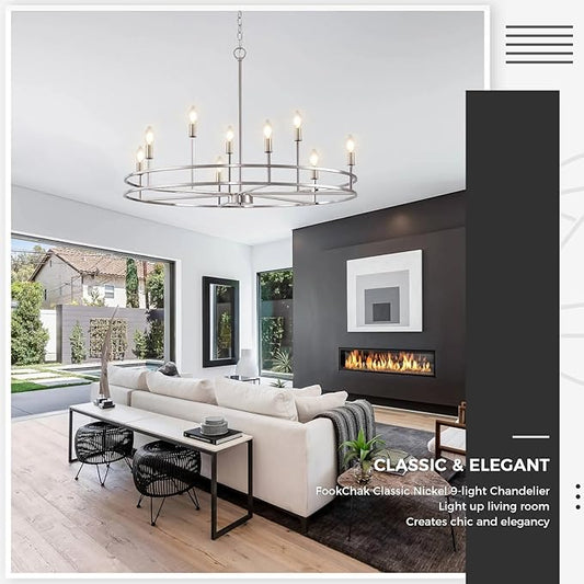 Modern Brushed Nickel Chandelier 9-Light Master Bedroom Chandelier Light Fixture Silver Metal Round Chandelier Living Room Lighting for Dining Room Bathroom Foyer Entrance, 35in