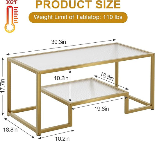 Coffee Table Gold Glass Coffee Table for Living Room,2 Tiers Rectangle Center Table with Ribbed Glass Top and Sturdy Metal Frame,Modern Glass Accent Table for Bedroom Home Office