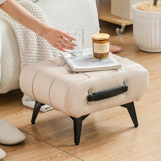 Small Footstool Ottoman - Stylish and Functional Faux Leather Footrest for Extra Seating in Living Room, Entryway, or Office