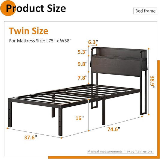 16 Inch Twin Bed Frames with Headboard, Twin Metal Bed Frame Storage Wood Headboard No Box Spring Needed, Noise Free, Black