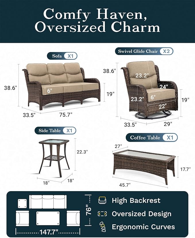 High Back Outdoor Furniture with Extra Thick Cushion Patio Swivel Rocking Chairs, Comfort 3-Seat Sofa, 5PCS Oversized Wicker Conversation Set for Porch, Deck, Yard in Beige