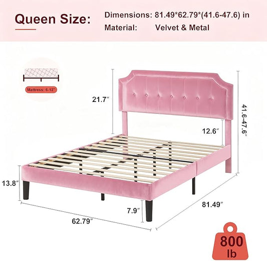 VECELO Queen Size Bed Frame with Velvet Upholstered Headboard, Platform Bedframe Mattress Foundation, Sturdy Wooden Slats Support,No Box Spring Needed Noise Free/Easy Assembly,Pink