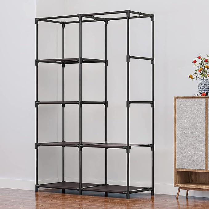 36 Inch Portable Wardrobe Closet Clothes Organizer with Metal Shelves and Dustproof Non-Woven Fabric (Blue)