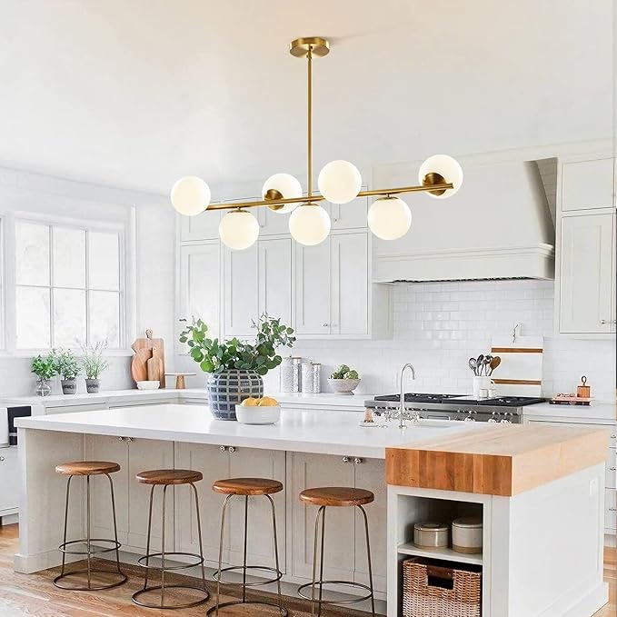 KCO Lighting Modern Brass Linear Chandelier Pendant Light 7-Lights Gold and White Glass Pendant Lighting Mid Century Globe Dining Light Fixture for Living Room Kitchen